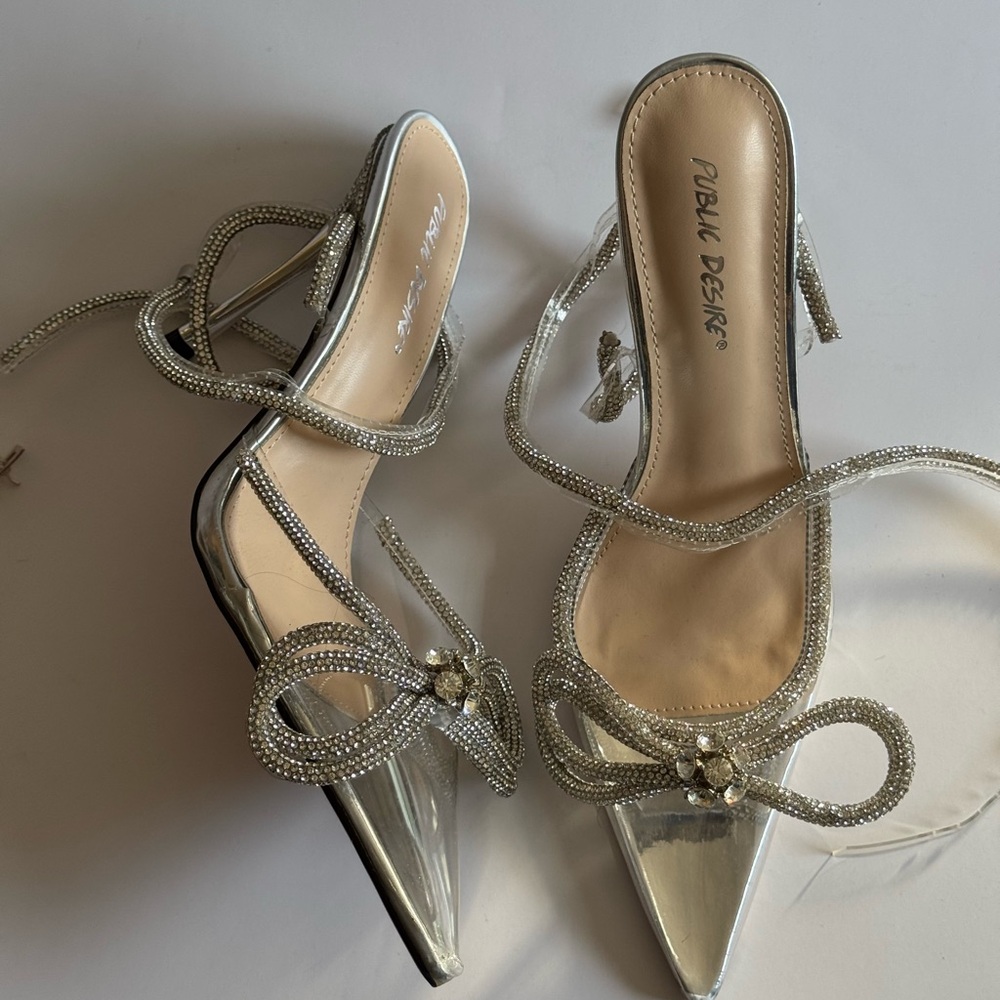 Midnight Clear Perspex Wrap Around Diamante Bow Pointed Toe High Heel.